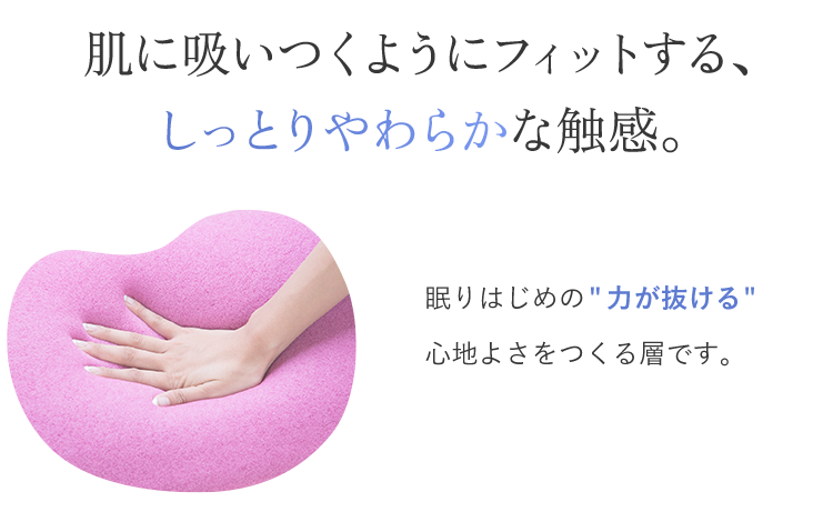 肌に吸い付くようにフィットする、しっとりやわらかな触感。眠り始めの力が抜ける心地よさをつくる層です